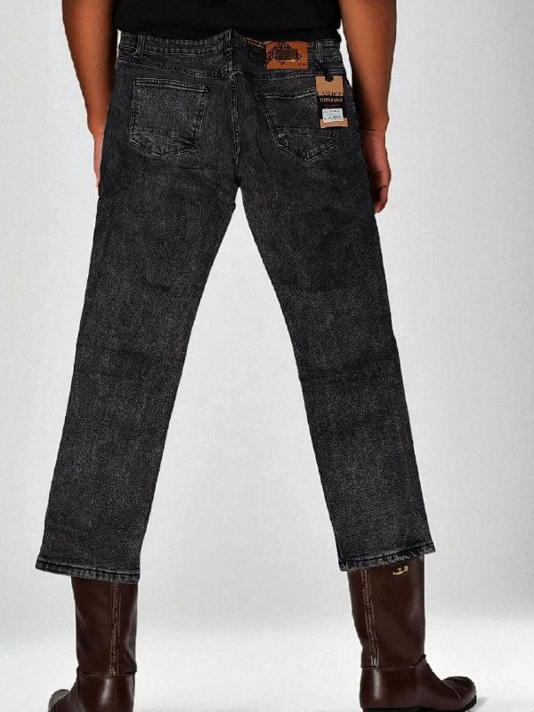 Dark gray jeans and brown boots