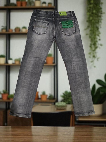 Gray jeans with a brand label